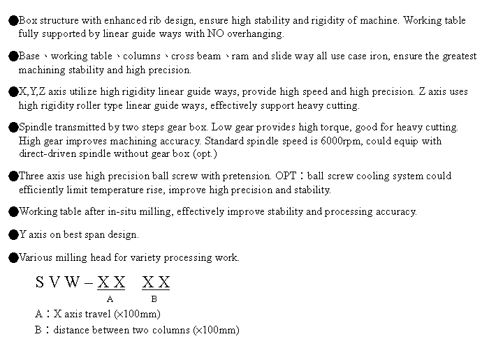 文字方塊: ●Box structure with enhanced rib design, ensure high stability and rigidity of machine. Working table fully supported by linear guide ways with NO overhanging.
●Base、working table、columns、cross beam、ram and slide way all use case iron, ensure the greatest machining stability and high precision.
●X,Y,Z axis utilize high rigidity linear guide ways, provide high speed and high precision. Z axis uses high rigidity roller type linear guide ways, effectively support heavy cutting.
●Spindle transmitted by two steps gear box. Low gear provides high torque, good for heavy cutting. High gear improves machining accuracy. Standard spindle speed is 6000rpm, could equip with direct-driven spindle without gear box (opt.)
●Three axis use high precision ball screw with pretension. OPT︰ball screw cooling system could efficiently limit temperature rise, improve high precision and stability.
●Working table after in-situ milling, effectively improve stability and processing accuracy.
●Y axis on best span design.
●Various milling head for variety processing work.
S V W – X X X X
A B
A︰X axis travel (×100mm)
B︰distance between two columns (×100mm)