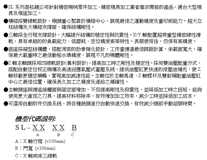 文字方塊: ●SL系列是松穎公司針對精密機械零件加工、精密模具加工業者需求開發的產品，適合大型模具及模座加工。
●橫樑採雙線軌設計，機頭重心緊靠於橫樑中心，展現最佳之運動精度及重切削能力。超大立柱結構及大橫樑支撐面，確保結構剛性。
●三軸採全行程支撐設計，大幅提升結構的穩定性與抗震性。X/Y軸配置超荷重型精密線性滑軌，具有卓越的的負載能力、低磨耗、定位精度高等特性。長期使用後，仍保有高精度。
●底座採箱型結構體，搭配周密的肋骨強化設計，工作臺滑道最佳跨距計算，承載面寬大，確保最大載重時之最佳動態水準精度，展現不凡的機體剛性。
●Z軸主軸頭採用四線軌設計(專利設計)，提高加工時之剛性及穩定性。採用雙油壓配重方式，搭配自動定位校正機構及高速回應氣壓式蓄壓系統，提供油壓缸更快速的液壓油補充，使Z軸移動更穩定順暢，實現高加減速性能。主軸位於主軸馬達、Z軸螺杆及雙對稱配重油壓缸中心之最佳位置，確保長久加工之精度及進給之精確性。
●主軸頭座與滑座接觸面與固定面增加，不但提高剛性及抑震性，並降低加工時之扭矩，能夠使用更大直徑之刀具，提高材料移除率，有效增加加工效率，減少工時並降低加工成本。
●可選用自動附件交換系統，將各種銑頭進行自動快速交換，有效減少頭部手動組裝時間。

機型代碼說明:
S L – X X  X X  B
            A         B      C
A︰X軸行程 (×100mm)
B︰門寬 (×100mm)
C︰X軸底座三線軌
