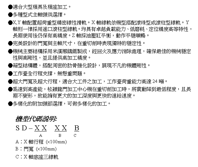文字方塊: ●適合大型模具及模座加工。
●多種型式主軸頭供選擇。
●X,Y軸配置超荷重型精密線性滑軌。X軸線軌依機型搭配滾珠型或滾柱型線軌。Y軸則一律採用進口滾柱型線軌。均具有卓越負載能力、低磨耗、定位精度高等特性，長期使用後仍保有高精度。Z軸採油壓缸平衡，動作平穩順暢。
●完美設計的門寬與主軸尺寸，在重切削時表現獨特的穩定性。
●機械主要結構採用米漢娜鑄鐵製成，經回火及應力消除處理，確保最佳的機械穩定性與高剛性，並且提供高加工精度。
●箱型結構體，搭配周密的肋骨強化設計，展現不凡的機體剛性。
●工作臺全行程支撐，無懸重問題。
●超大門寬及超大行程，適合大工件之加工，工作臺荷重能力高達24噸。
●為達到高產能，松穎龍門加工中心機在重切削加工時，將震動降到最低程度，且長期不變形，故能擁有更大的加工深度與更快的進給速度。
●多樣化的附加頭部選擇，可做多樣化的加工。

機型代碼說明:
S D – X X  X X  B
             A        B      C
A︰X軸行程 (×100mm)
B︰門寬 (×100mm)
C︰X軸底座三線軌
