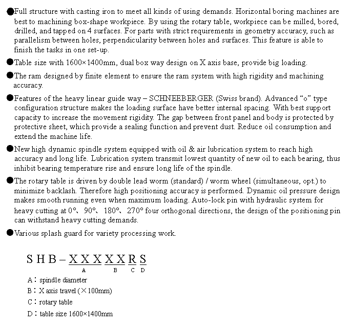 文字方塊: ●Full structure with casting iron to meet all kinds of using demands. Horizontal boring machines are best to machining box-shape workpiece. By using the rotary table, workpiece can be milled, bored, drilled, and tapped on 4 surfaces. For parts with strict requirements in geometry accuracy, such as parallelism between holes, perpendicularity between holes and surfaces. This feature is able to finish the tasks in one set-up.  
●Table size with 1600×1400mm, dual box way design on X axis base, provide big loading.
●The ram designed by finite element to ensure the ram system with high rigidity and machining accuracy.
●Features of the heavy linear guide way – SCHNEEBERGER (Swiss brand). Advanced “o” type configuration structure makes the loading surface have better internal spacing. With best support capacity to increase the movement rigidity. The gap between front panel and body is protected by protective sheet, which provide a sealing function and prevent dust. Reduce oil consumption and extend the machine life.
●New high dynamic spindle system equipped with oil & air lubrication system to reach high accuracy and long life. Lubrication system transmit lowest quantity of new oil to each bearing, thus inhibit bearing temperature rise and ensure long life of the spindle.
●The rotary table is driven by double lead worm (standard) / worm wheel (simultaneous, opt.) to minimize backlash. Therefore high positioning accuracy is performed. Dynamic oil pressure design makes smooth running even when maximum loading. Auto-lock pin with hydraulic system for heavy cutting at 0°、90°、180°、270° four orthogonal directions, the design of the positioning pin can withstand heavy cutting demands.
●Various splash guard for variety processing work.

S H B – X X X X X R S
                  A          B     C   D
A︰spindle diameter
B︰X axis travel (×100mm)
C︰rotary table
D︰table size 1600×1400mm
