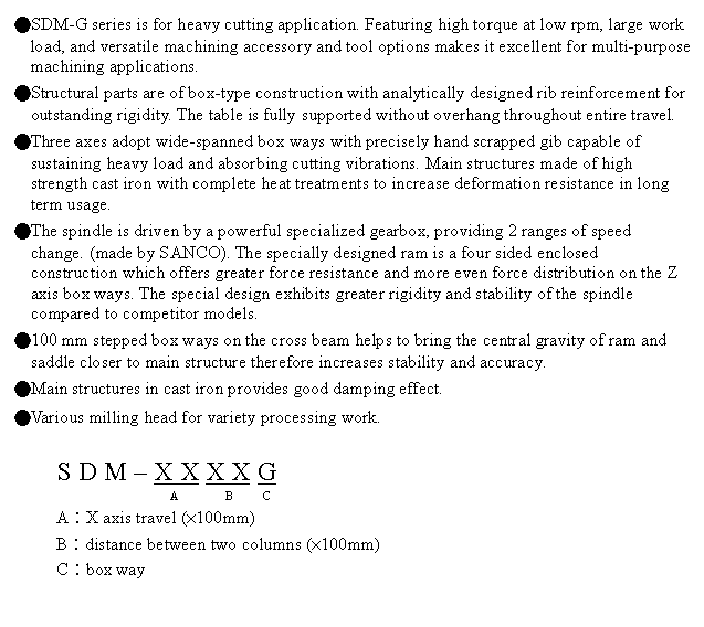 文字方塊: ●SDM-G series is for heavy cutting application. Featuring high torque at low rpm, large work load, and versatile machining accessory and tool options makes it excellent for multi-purpose machining applications.
●Structural parts are of box-type construction with analytically designed rib reinforcement for outstanding rigidity. The table is fully supported without overhang throughout entire travel.
●Three axes adopt wide-spanned box ways with precisely hand scrapped gib capable of sustaining heavy load and absorbing cutting vibrations. Main structures made of high strength cast iron with complete heat treatments to increase deformation resistance in long term usage.
●The spindle is driven by a powerful specialized gearbox, providing 2 ranges of speed change. (made by SANCO). The specially designed ram is a four sided enclosed construction which offers greater force resistance and more even force distribution on the Z axis box ways. The special design exhibits greater rigidity and stability of the spindle compared to competitor models.
●100 mm stepped box ways on the cross beam helps to bring the central gravity of ram and saddle closer to main structure therefore increases stability and accuracy.
●Main structures in cast iron provides good damping effect.
●Various milling head for variety processing work.

S D M – X X X X G
                      A        B     C
A︰X axis travel (×100mm)
B︰distance between two columns (×100mm)
C︰box way
